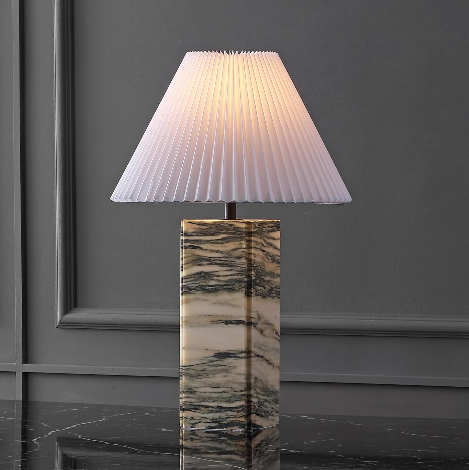 SAFAVIEH Couture Lighting Collection Mackenzie Cream/White Marble Square 25-inch Table Lamp for Bedroom Living Room Home Office Desk Nightstand (LED Bulb Included)
