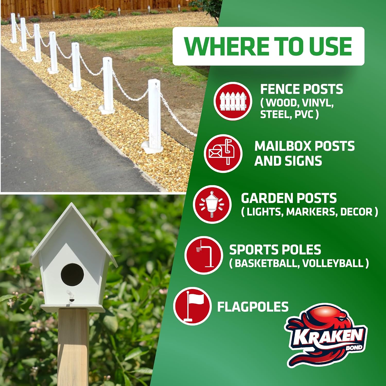 Kraken Bond Expanding Foam Post Hole Filler - (12x10.5 + 12x13.2 oz) 2 Part Expanding Polyurethane Concrete Alternative for Fence, Deck, Mailbox, Anchor, Waterproof Fence Post Repair Kit, 12 Pack