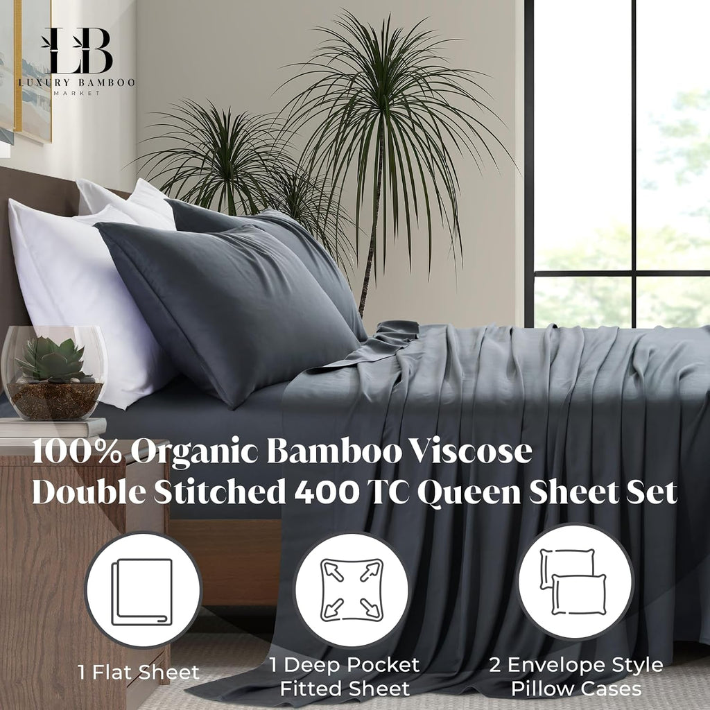 Luxury Bamboo Market | Queen Size Bed Sheet Set | 100% Viscose Made from Bamboo | Organically Grown | Ultra Soft | Cooling Sheets for Hot Sleepers | 17' Deep Pocket [Charcoal Grey]
