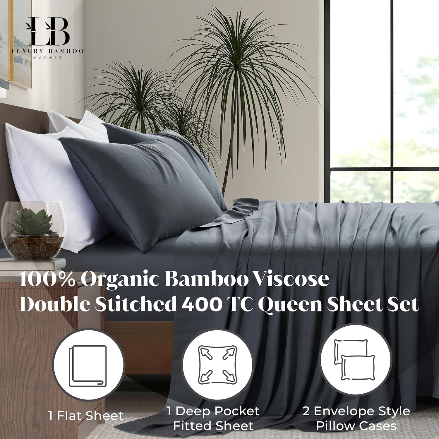 Luxury Bamboo Market | Queen Size Bed Sheet Set | 100% Viscose Made from Bamboo | Organically Grown | Ultra Soft | Cooling Sheets for Hot Sleepers | 17' Deep Pocket [Charcoal Grey]