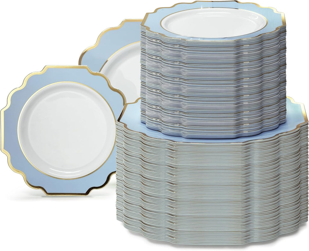 ' OCCASIONS ' 240 Plates Pack (120 Guests) Heavyweight Wedding Party Disposable Plastic Plates Set -120 x 10.5'' Dinner + 120 x 8'' Salad/Dessert Plate (Imperial in White/Blue & Gold)