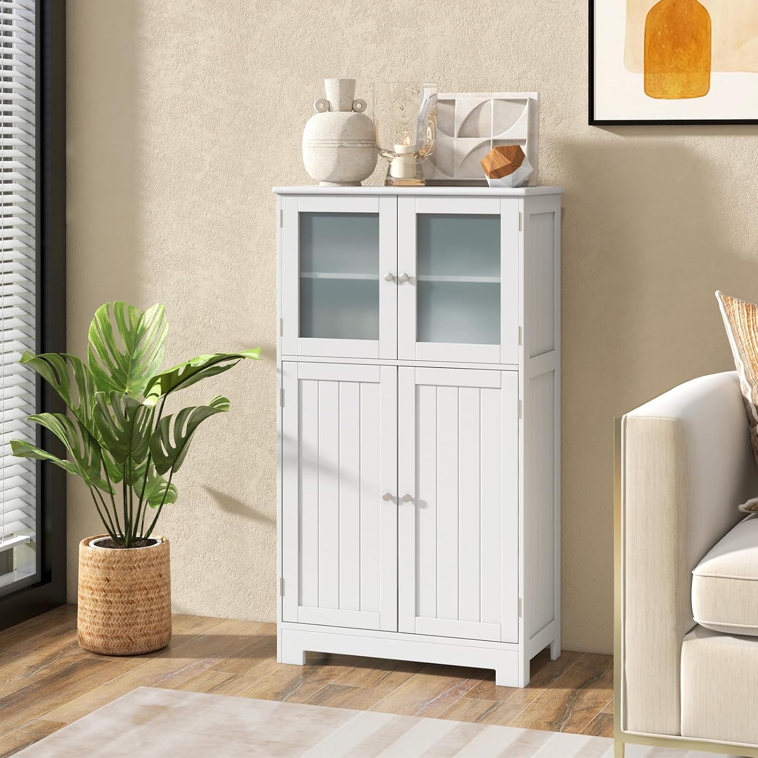 Giantex Storage Cabinet with Doors - Bathroom Floor Cabinet, Freestanding Tall Cabinet w/ 2 Tempered Glass Doors, Adjustable Shelf, Kitchen Cupboard Storage Organizer for Hallway Living Room (White)