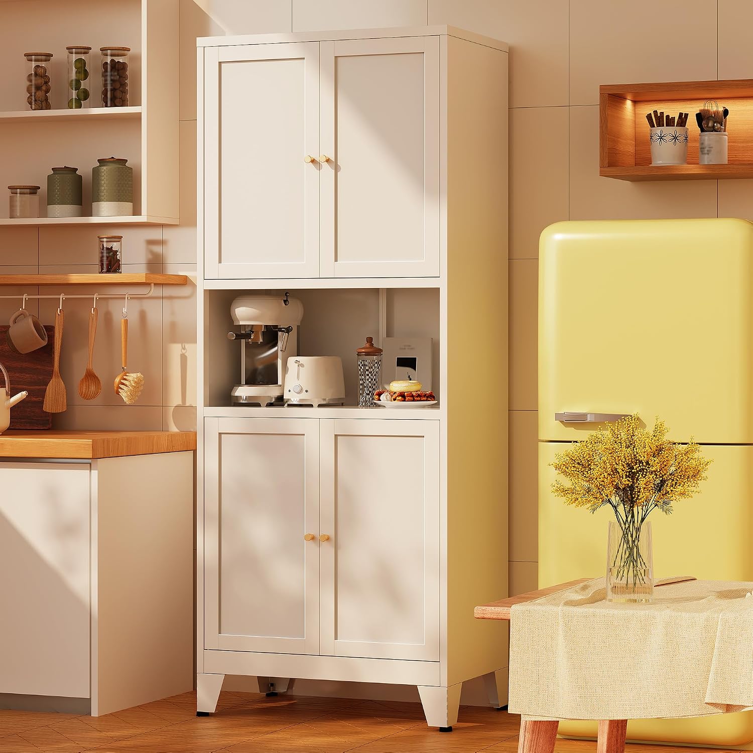 69' H Kitchen Hutch Cabinet with Storage,White Metal Storage Cabinet,Microwave Cabinet,Kitchen Pantry Cabinet with Countertop