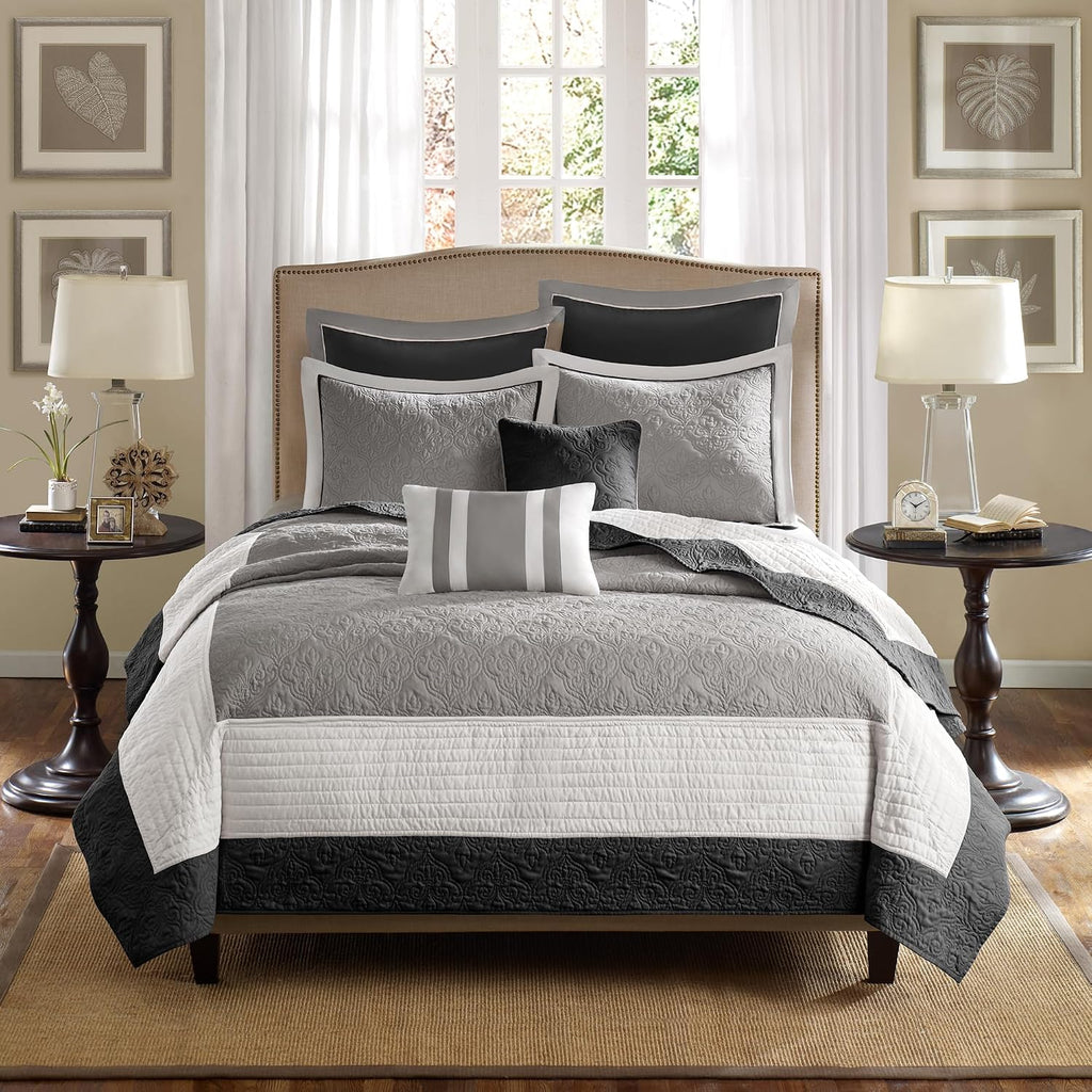 Madison Park Attingham Reversible Quilt Set - All Season Breathable Coverlet, Lightweight Cozy Bedding Layers, Matching Shams, Full/Queen(90'x90'), Black Multi 7 Piece