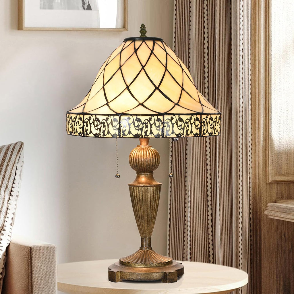 TL0028 Tiffany Table Lamp Stained Glass Lampshade Beige-Like Color with Geometric Pattern, Warm Glow & Elegant Design, Antique Finished Lamp Base, W 14 X H 24 Inches, LED Bulb Included