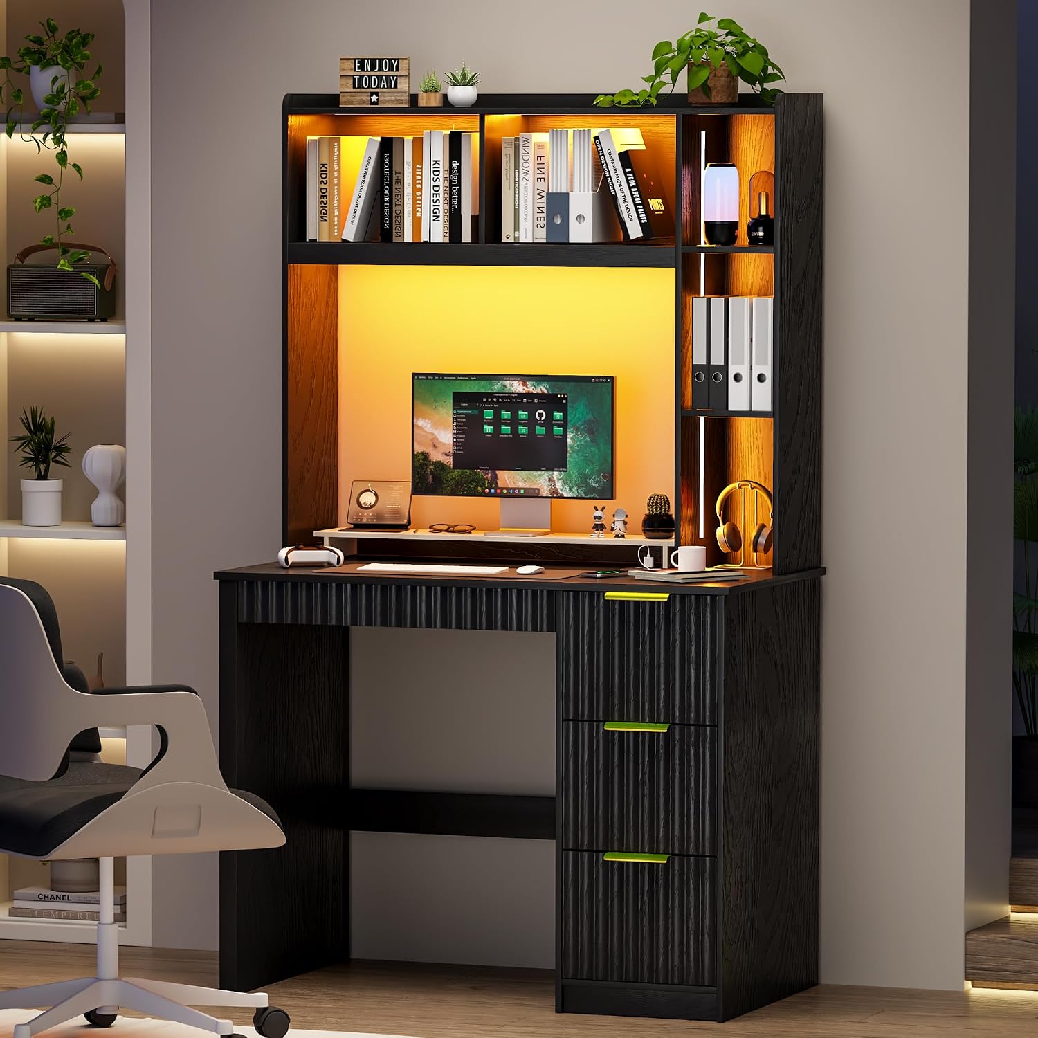 WOOVIVS Home Office Desk with Hutch & LED Lights - 39' Computer Desk with Charging Station, 3 Large Drawers, Hidden Compartment & Fluted Panel Design,Black Writing Desk for Bedroom, Study