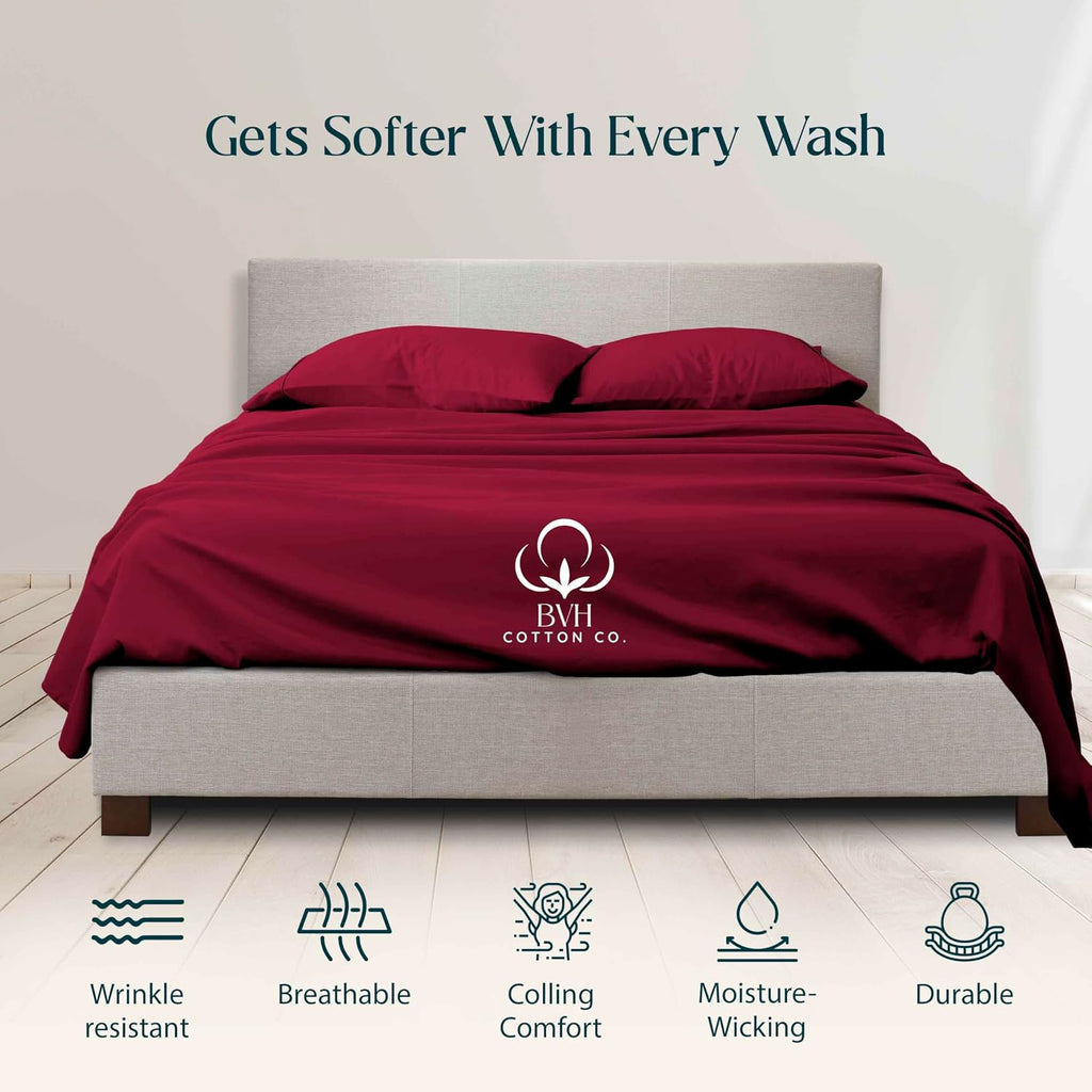Egyptian Cotton Queen Size Sheet Set, 4Pc Bed Set, Soft & Breathable Percale Weave, Fits 10-12' Deep Pocket, Hotel-Quality 1000 Series Bed Sheets (Solid, Burgundy)