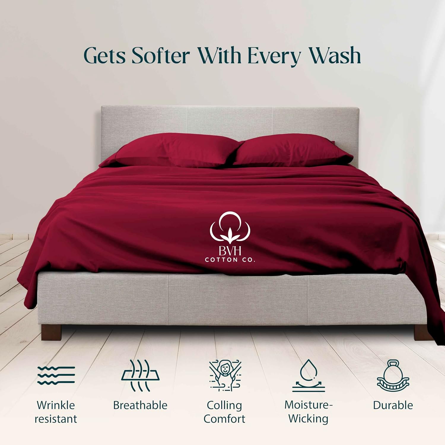 Egyptian Cotton Queen Size Sheet Set, 4Pc Bed Set, Soft & Breathable Percale Weave, Fits 10-12' Deep Pocket, Hotel-Quality 1000 Series Bed Sheets (Solid, Burgundy)