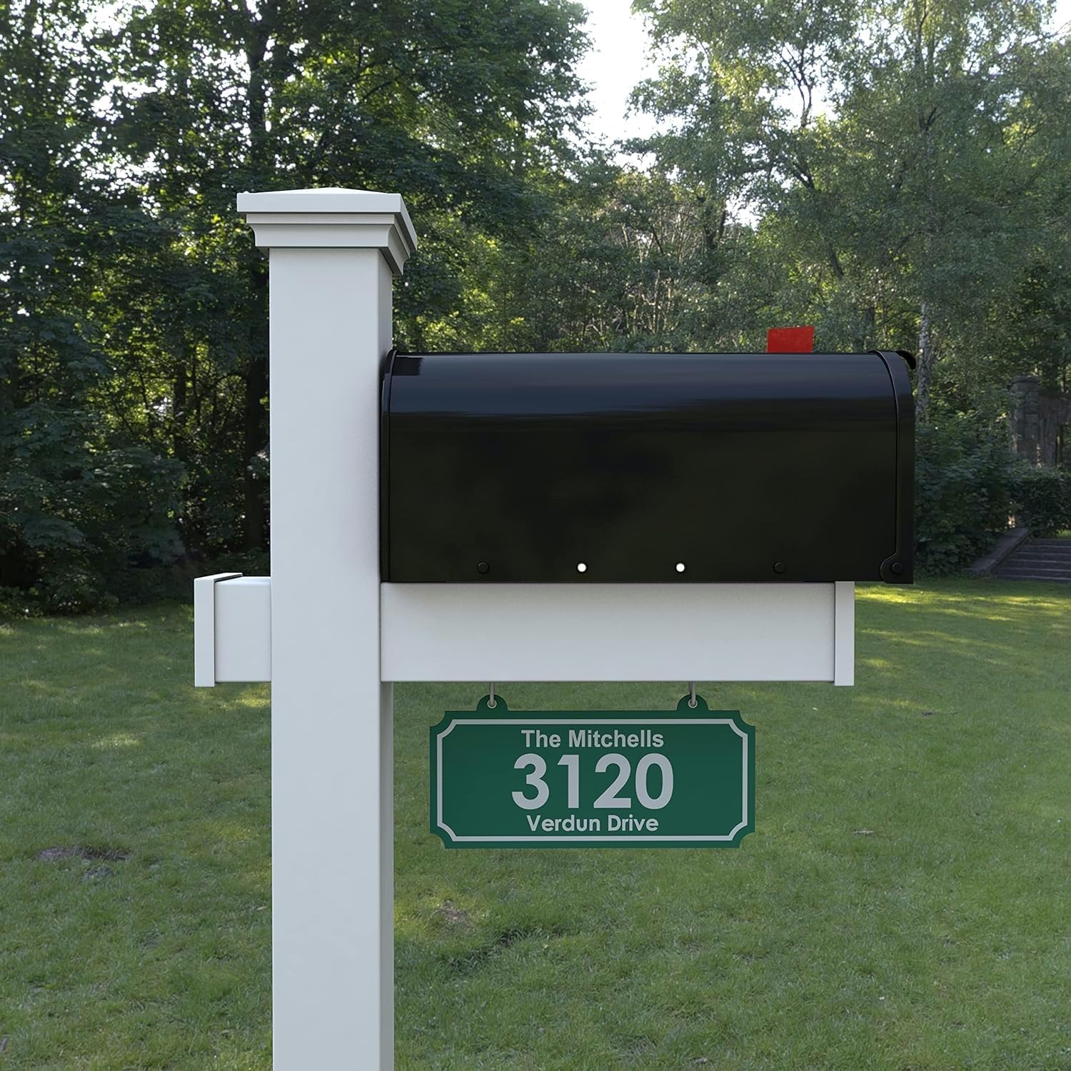 4Ever Products Vinyl Mailbox Post System - Includes Black Steel Mailbox and Custom Address Plate (Green)