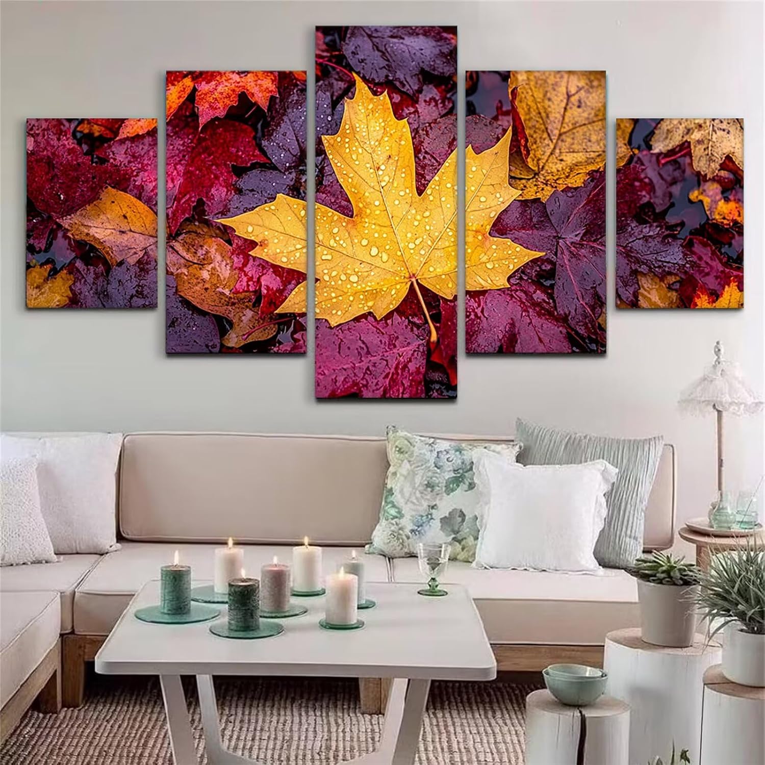Maple Leaves Diamond Art 5 Piece Diamond Painting Autumn 5D Full Round Drill Dimond Art Paintings Crystal Crafts for Adults Gem Painting for Home Decor, Large Artwork for Wall 40 x 80 Inch, Model177