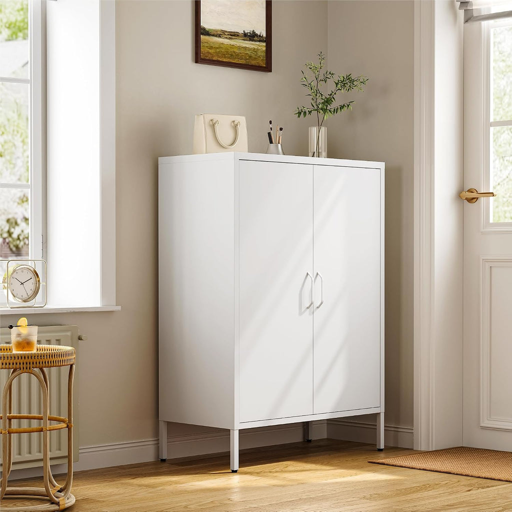 Metal Locker Cabinet, White Accent Storage Cabinets with 2 Doors And Adjustable Shelves, 3 Tier Modern Storage Freestanding Sideboard for Living Room,School,Office Home Kitchen (White, 2Doors-40'H)