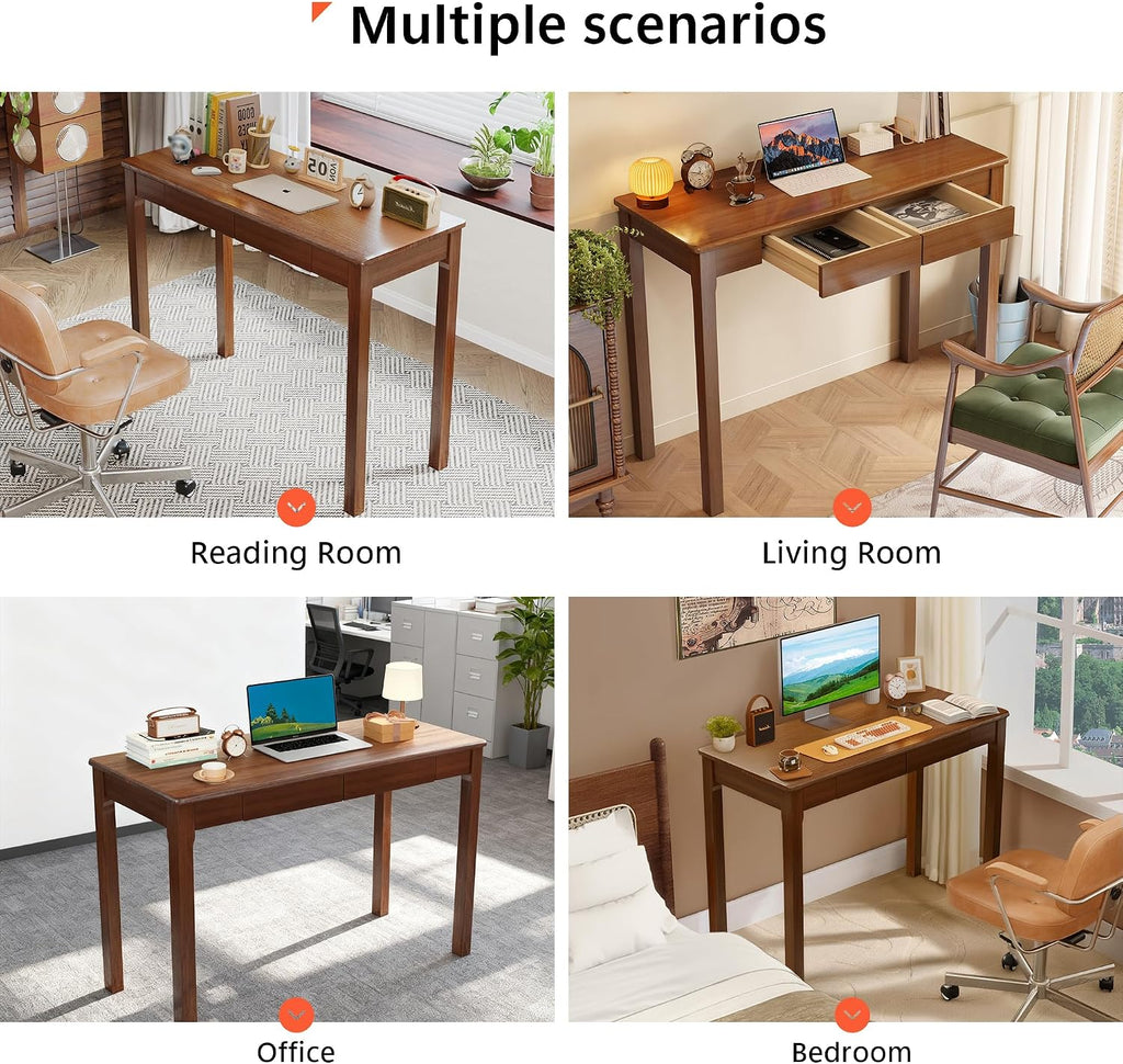 Solid Wood Desk with Drawers - 39' Narrow Desks for Small Spaces, Mid Century Modern Desks, Small Wooden Vintage Computer Writing Desk, Study Table for Home Office Bedroom, Walnut