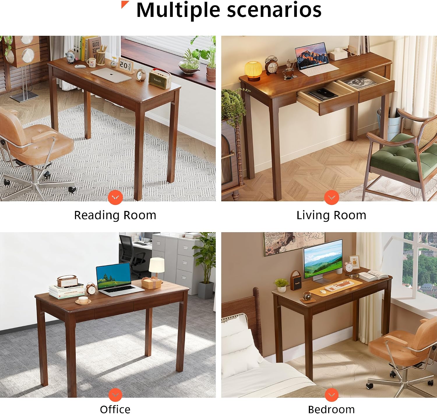 Solid Wood Desk with Drawers - 39' Narrow Desks for Small Spaces, Mid Century Modern Desks, Small Wooden Vintage Computer Writing Desk, Study Table for Home Office Bedroom, Walnut