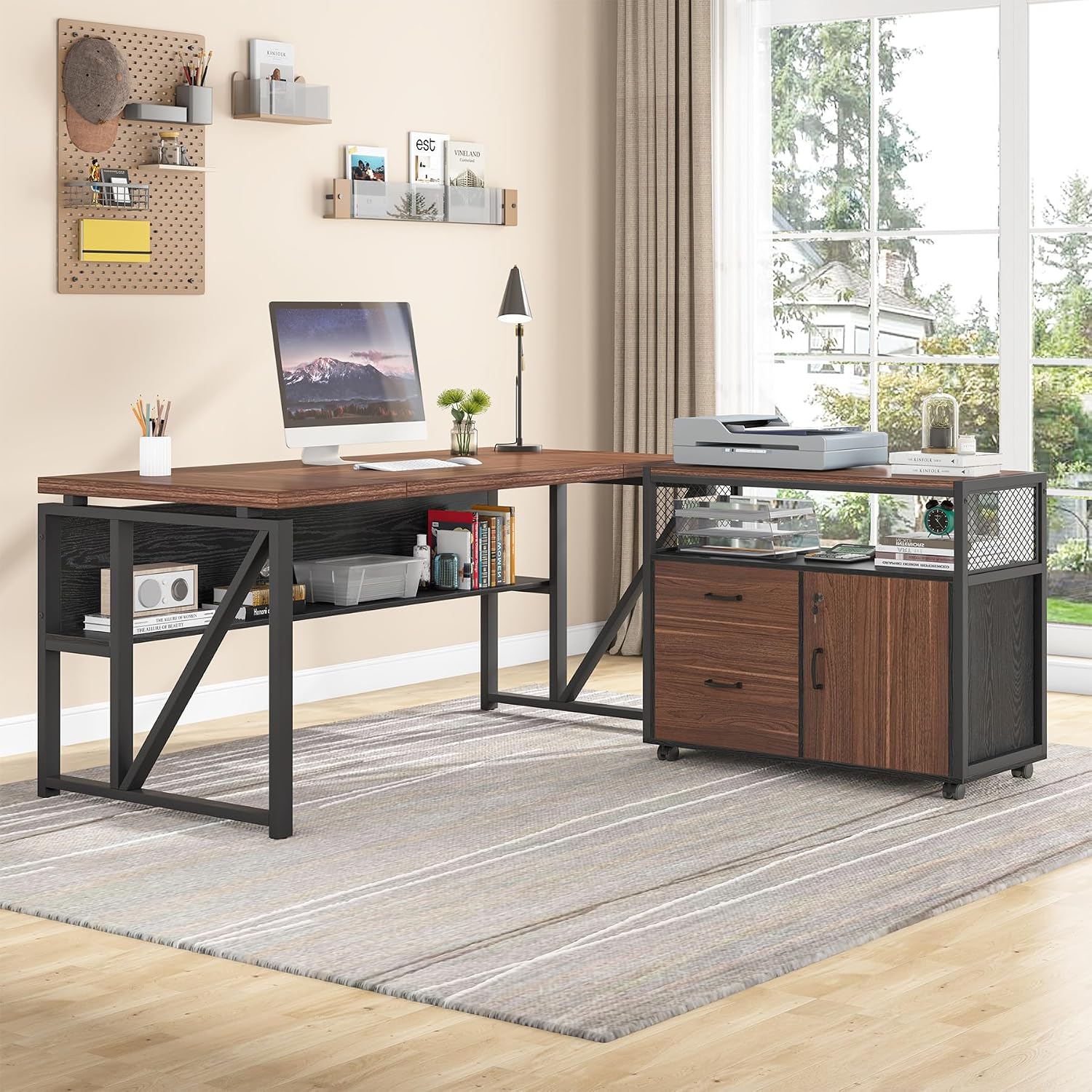 Tribesigns 63' Executive Deskwith Drawer Cabinet, L Shaped Desk and lateral File Cabinet, 2 Piece Home Office Furniture Set with Drawers for Hanging, Doors with Locks (Dark Brown, 63 inches)