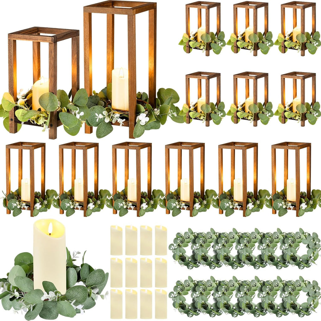 Geelin 12 Set 10.59'', 13'' Brown Wooden Lanterns for Wedding Centerpieces Include 12 Wooden Lantern 12 LED Candle 12 Eucalyptus Leaves Wreath for Wedding Baby Shower Farmhouse Table Decor