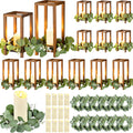 Geelin 12 Set 10.59'', 13'' Brown Wooden Lanterns for Wedding Centerpieces Include 12 Wooden Lantern 12 LED Candle 12 Eucalyptus Leaves Wreath for Wedding Baby Shower Farmhouse Table Decor