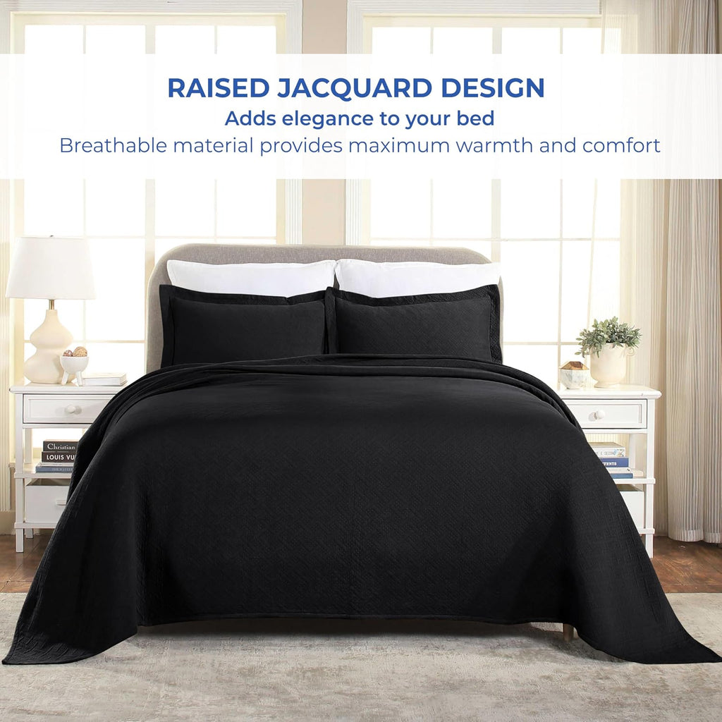 Superior 3 Piece Basketweave 100% Cotton Bedspread Set, Home Bed Decor, Decorative Bed Spread, 2 Pillow Shams, Medium Weight Blanket, Matelasse Coverlet Bedding, Geometric Lattice Pattern, King, Black