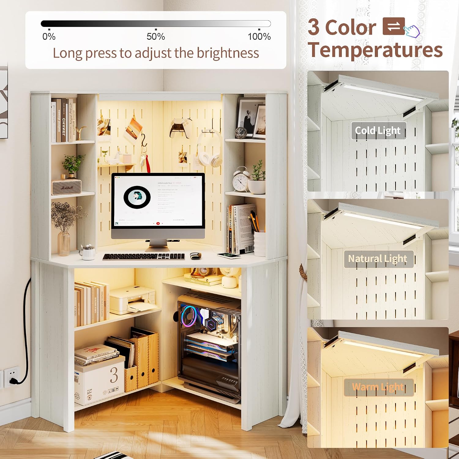 HNEBC Home Office Desk with Power Outlet & Chariging Station,L-Shaped Corner Desk with Pull-Out LED Lights,Computer Desk with Hutch & 10 Shelves,Pegboards for Work & Study,White