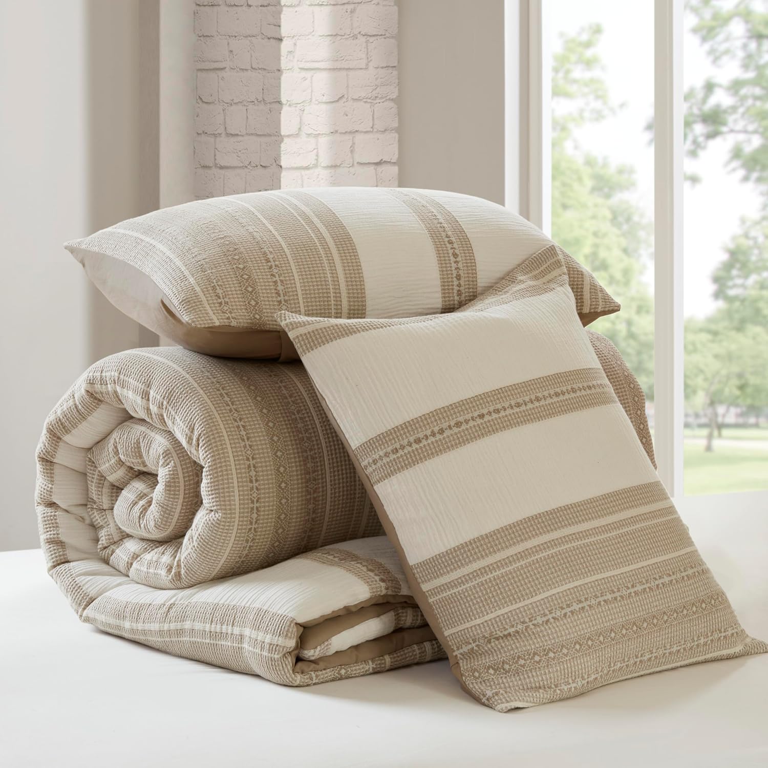Woolrich Queen Comforter Set Cotton Striped, Oversized Comforter, All Season Down Alternative Overfilled Queen Size Comforter, Mesa, Full/Queen Tan 3 Piece