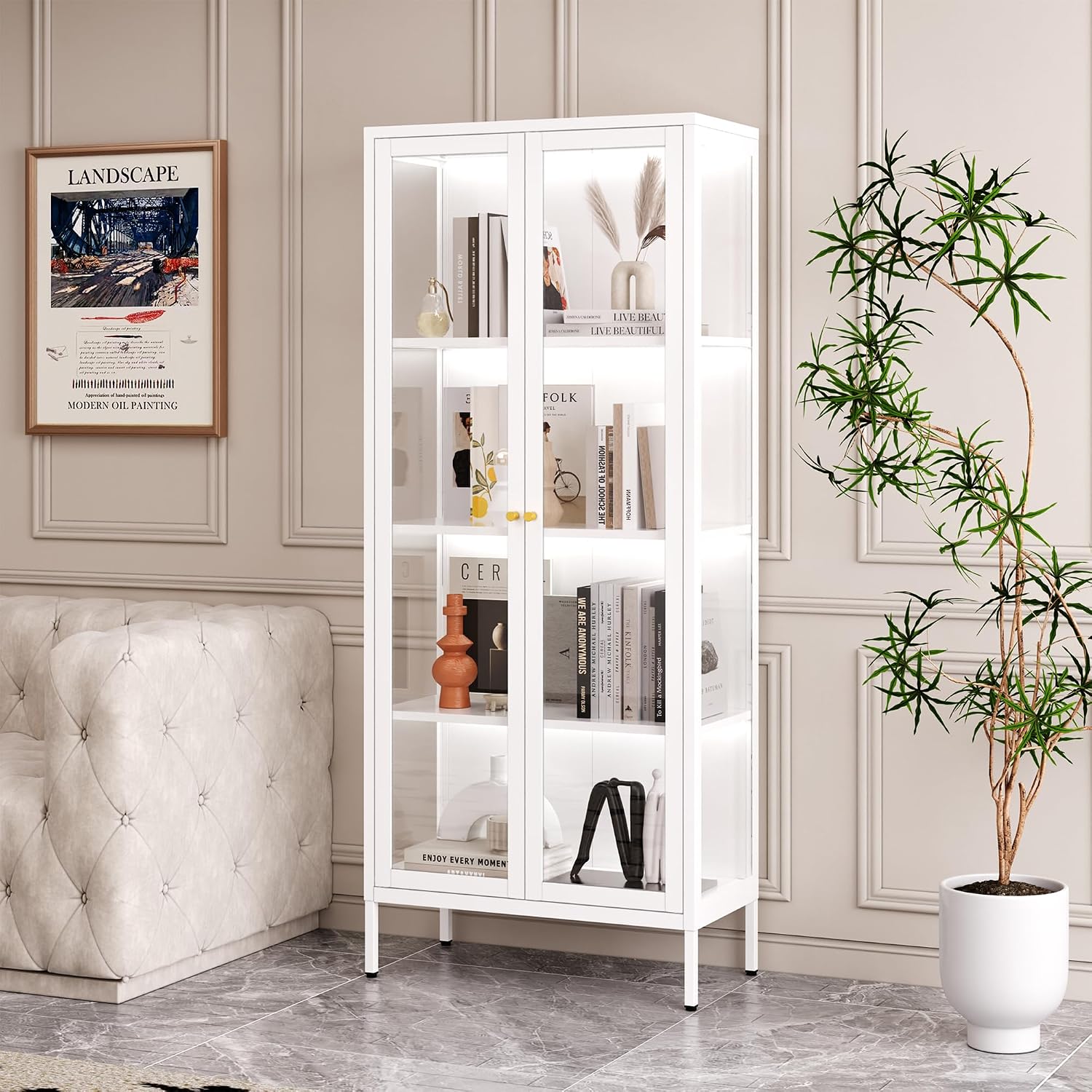 SteeLoong 66'Glass Display Cabinet with 3 Color LED Lights,Metal Curio Cabinet with Glass Doors,4-Tier Display Case for Collectibles,Book,Plant,White Storage Cabinets For Living Room-Assemble Required