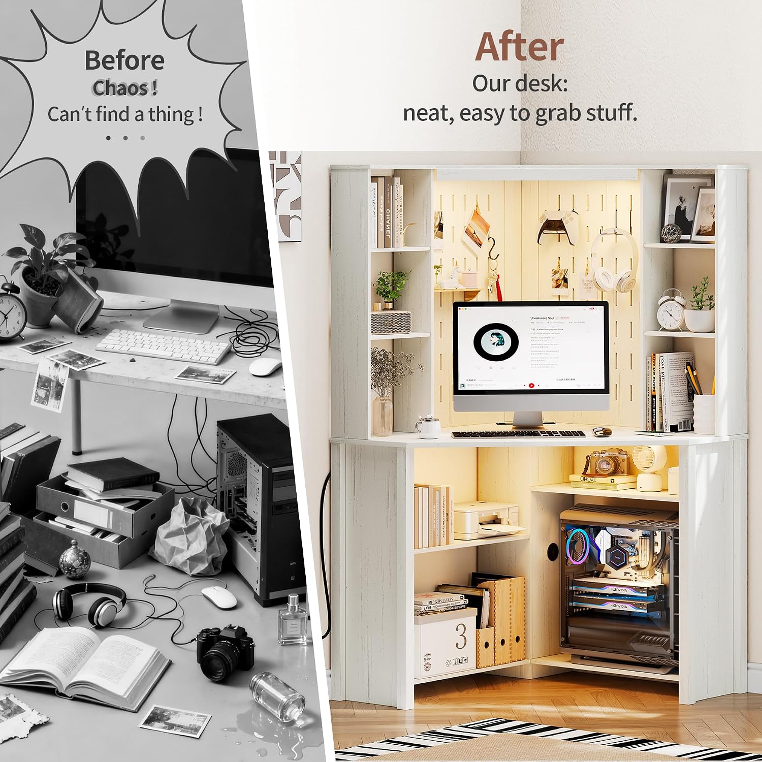 HNEBC Home Office Desk with Power Outlet & Chariging Station,L-Shaped Corner Desk with Pull-Out LED Lights,Computer Desk with Hutch & 10 Shelves,Pegboards for Work & Study,White