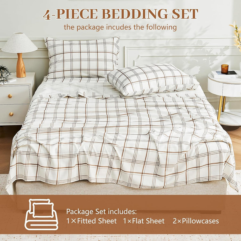 MEISHANG 100% French Pure Linen Sheets Queen Size - Bed Sheets 4 Piece Sets, Soft Durable Flax Linen, Anti-Tear Breathable Moisture Wicking with 16' Deep Pocket (Linen Plaid)