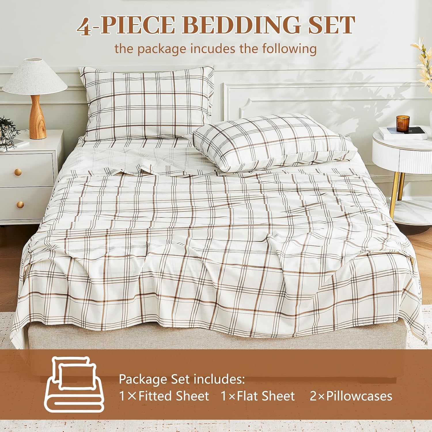 MEISHANG 100% French Pure Linen Sheets Queen Size - Bed Sheets 4 Piece Sets, Soft Durable Flax Linen, Anti-Tear Breathable Moisture Wicking with 16' Deep Pocket (Linen Plaid)