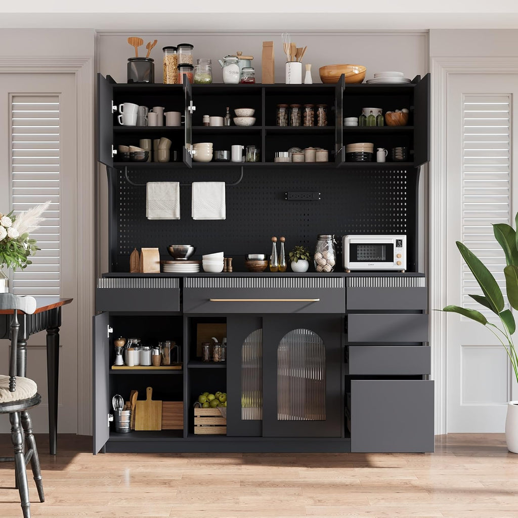63'' W Buffet Cabinet with Hutch, Large Coffee Bar Storage Cabinet with 6 Drawers, Kitchen Pantry Sideboard with 5 Cabinets and Adjustable Shelves, Pegboard, Towel Rack, Power Outlet (Black-Q12)