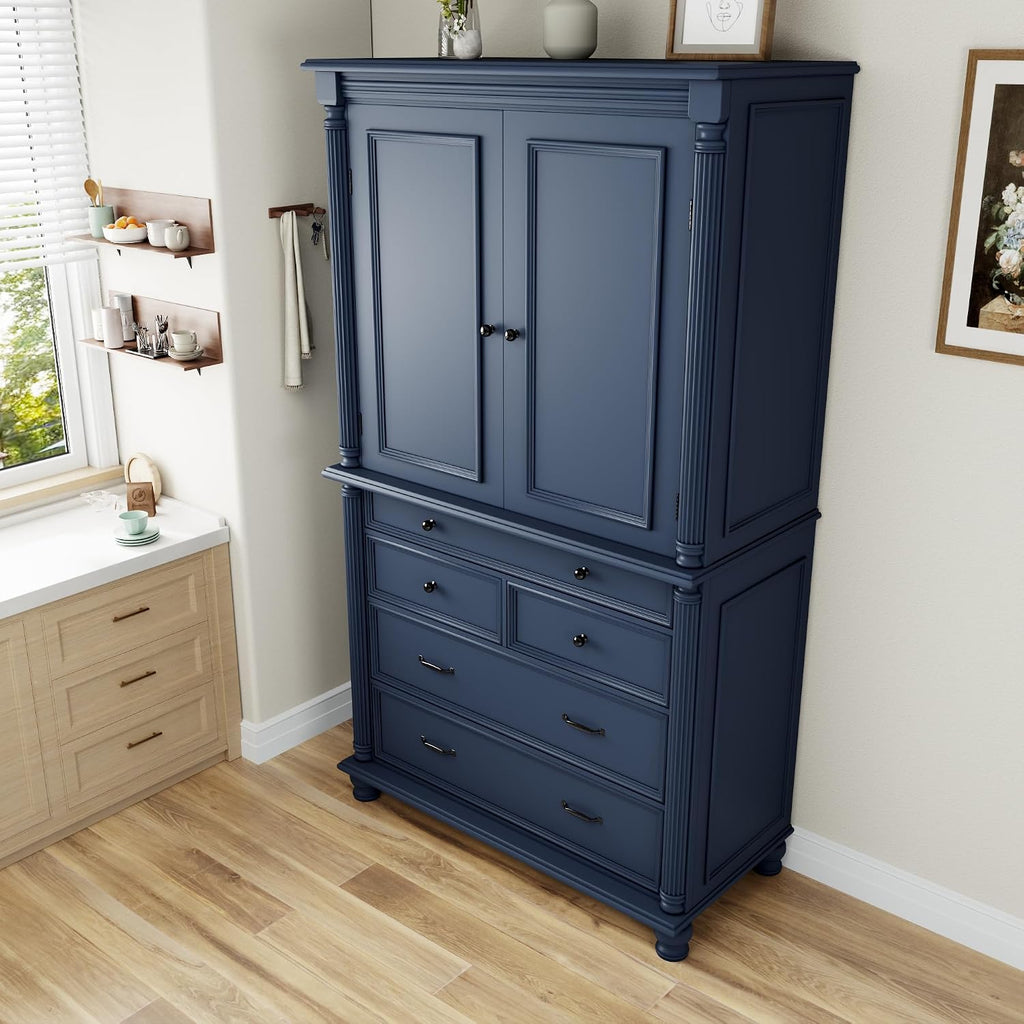 77.3 inch Tall Kitchen Pantry Cabinet with 6 Door Shelves and 2 Adjustable Shelves, Wooden Storage Cabinet Cupboard with 6 Drawers for Kitchen, Dining (Blue-83)