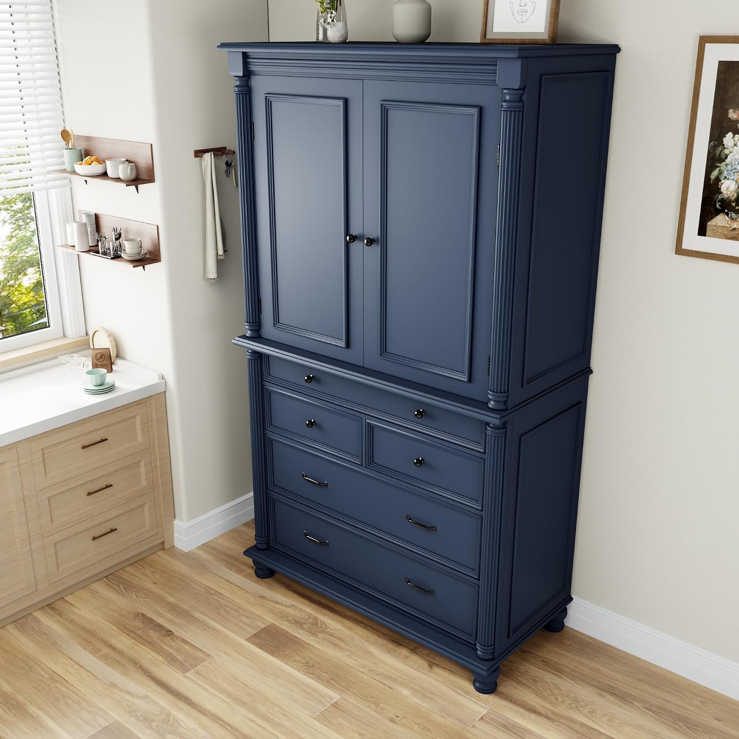 77.3 inch Tall Kitchen Pantry Cabinet with 6 Door Shelves and 2 Adjustable Shelves, Wooden Storage Cabinet Cupboard with 6 Drawers for Kitchen, Dining (Blue-83)