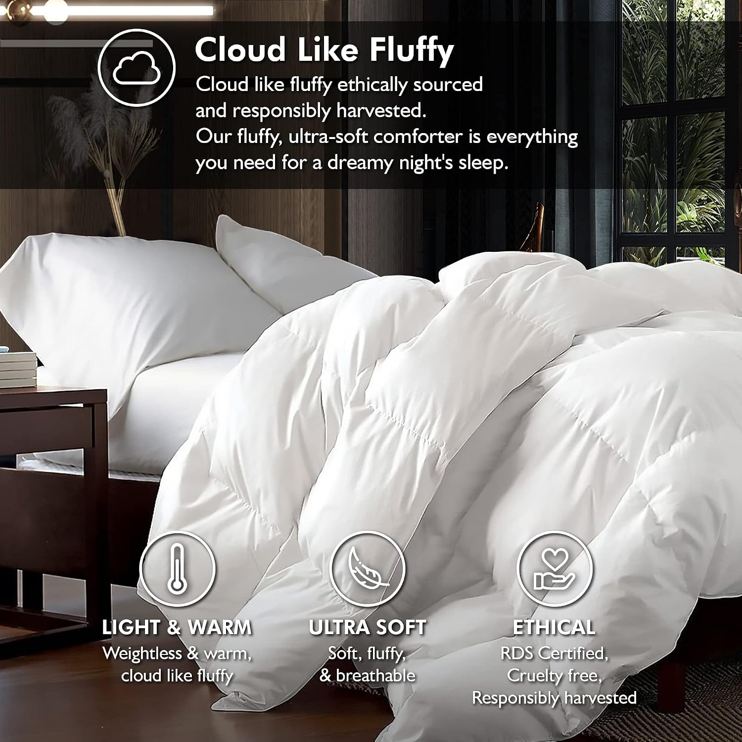 Luxurious King/Oversized King 108' x 98' Size Goose Down Fiber Waterfowl Feather Fiber Comforter Duvet, 100% Egyptian Cotton Cover, 65 oz. Fill Weight, Baffle Box Design, White Solid
