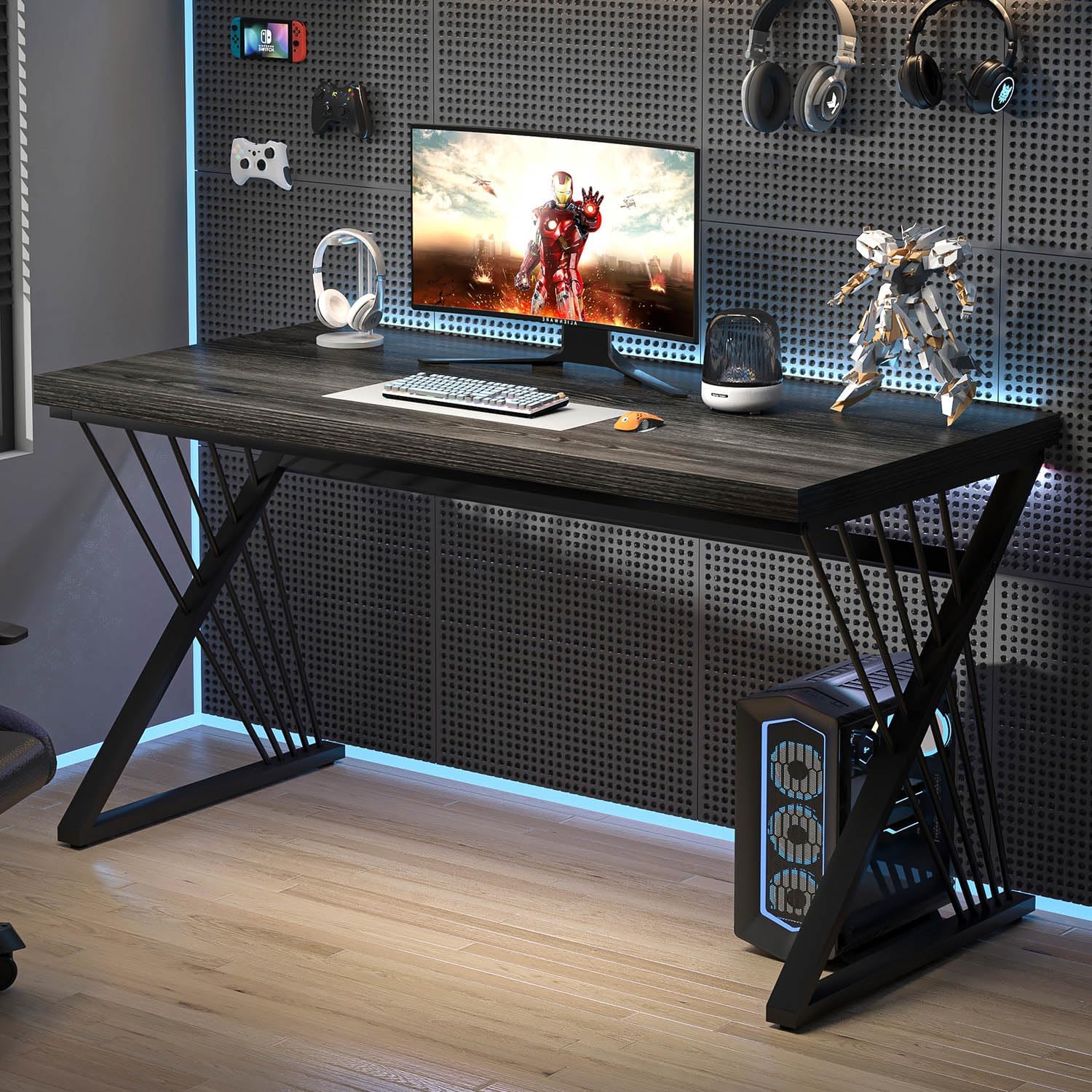FOLUBAN Modern Home Office Desks, Rustic Wood and Metal Computer Desk, Industrial Writing Study Gaming Table for Living Room Bedroom, Dark Gray, 47 Inch