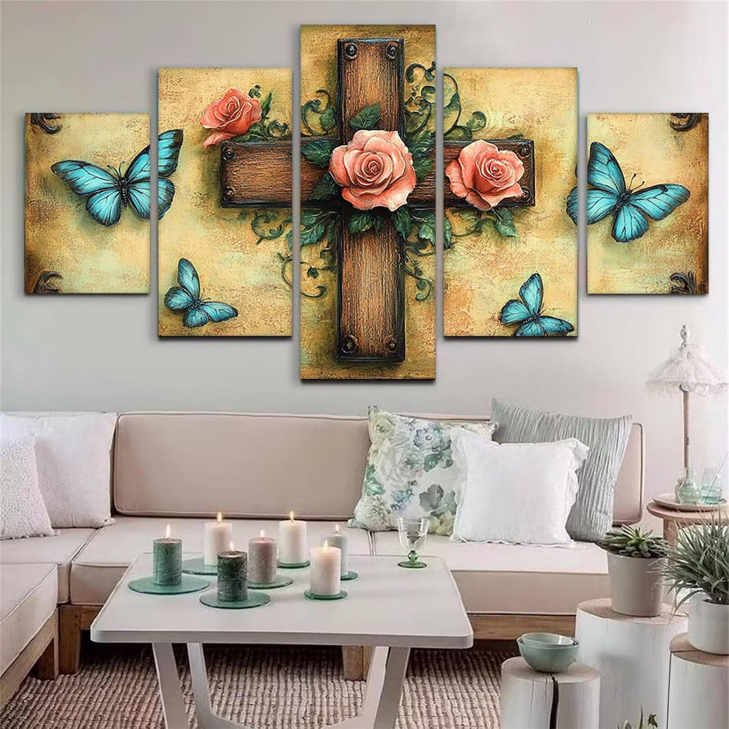 Retro Diamond Art 5 Piece Diamond Painting Cross 5D Full Round Drill Dimond Art Paintings Crystal Rhinestones Crafts for Adults Gem Painting for Home Decor, Large Artwork for Wall 40 x 80 Inch,Model81