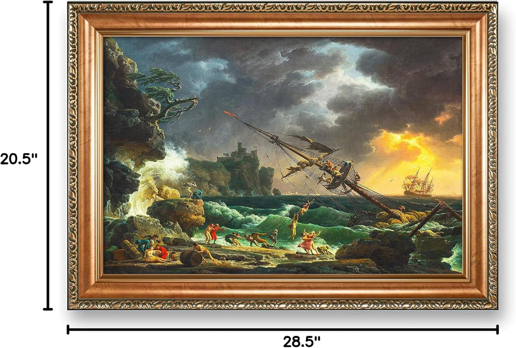 The Shipwreck Sailboat by Claude–Joseph Vernet Sailboat Warship Painting Reproductions Framed Size:28.5x20.5 inches,Image Size:24x16 inches World Classic Reproductions For HomeDecor,Gold Frame