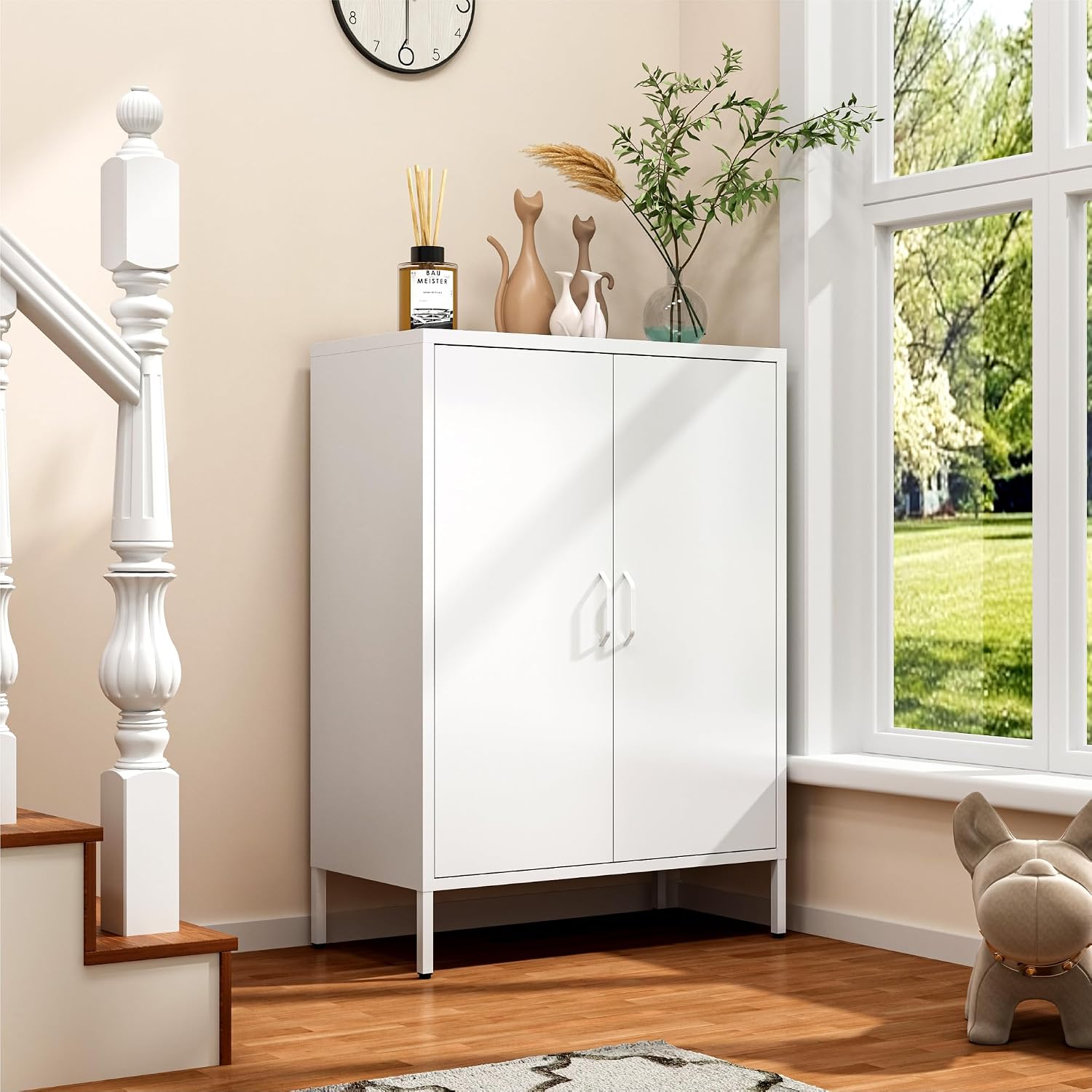Metal Locker Cabinet, White Accent Storage Cabinets with 2 Doors And Adjustable Shelves, 3 Tier Modern Storage Freestanding Sideboard for Living Room,School,Office Home Kitchen (White, 2Doors-40'H)