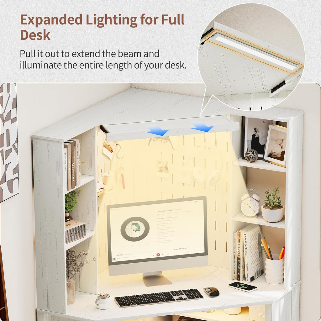 HNEBC Home Office Desk with Power Outlet & Chariging Station,L-Shaped Corner Desk with Pull-Out LED Lights,Computer Desk with Hutch & 10 Shelves,Pegboards for Work & Study,White