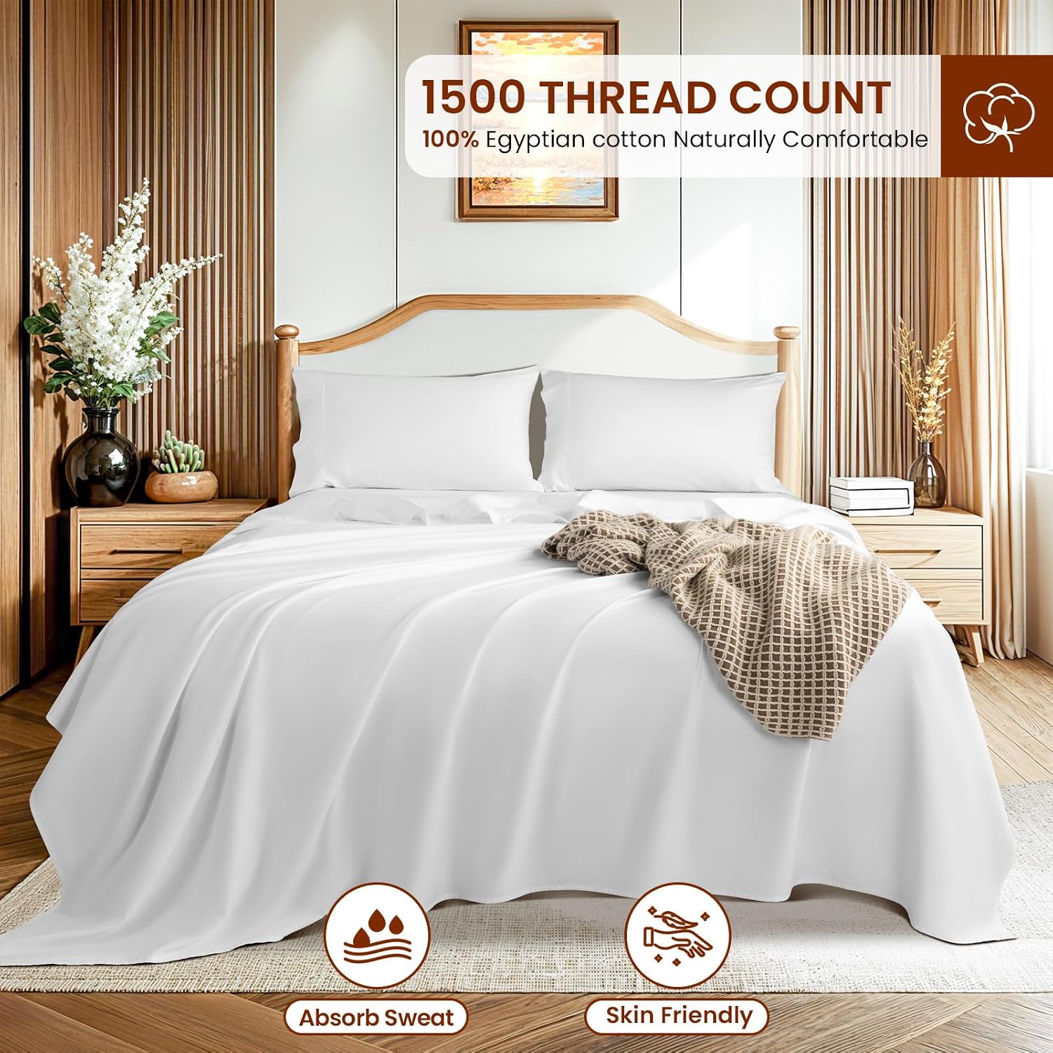 LBRO2M 1500 Thread Count Sheets 100% Egyptian Cotton Sheets Set 16 Inches Deep Pocket Queen Size Bedding 4 Pcs Sets (Queen, White)