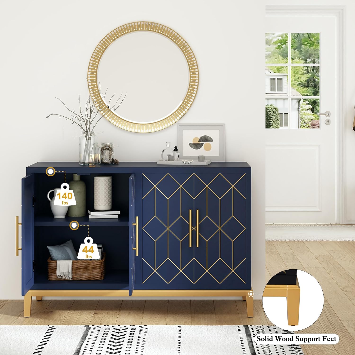 HLR 48' Accent Cabinet with 4 Doors and Shelves, Modern Credenza Storage Cabinet with Gold Trim, Sideboard Buffet for Living Room, Kitchen, Dining Room, Hallway, Blue