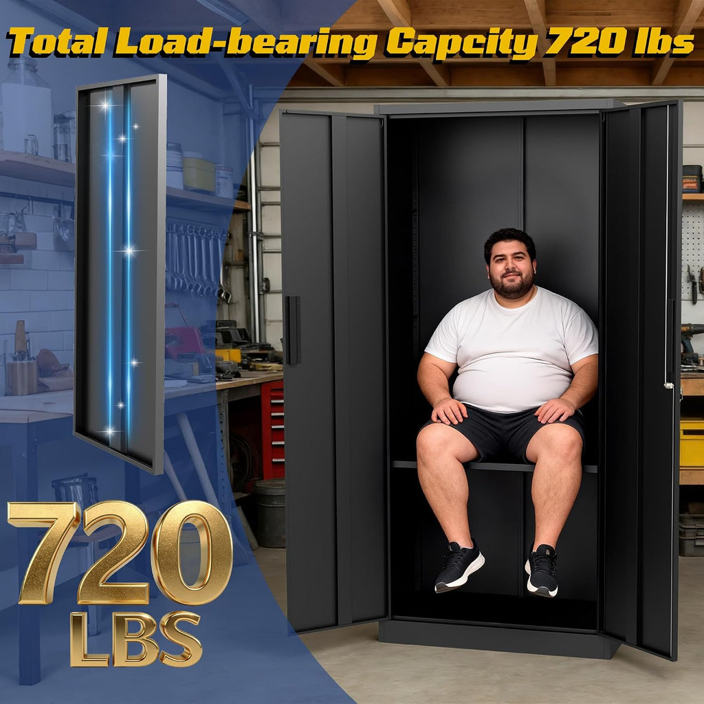 Metal Storage Cabinet with Adjustable Shelves, 72' Steel Garage Storage Cabinets with Lock and 2 Door, Locking Tool Cabinet Utility Cabinets for Garage, Kitchen, Home Office, School, Shop