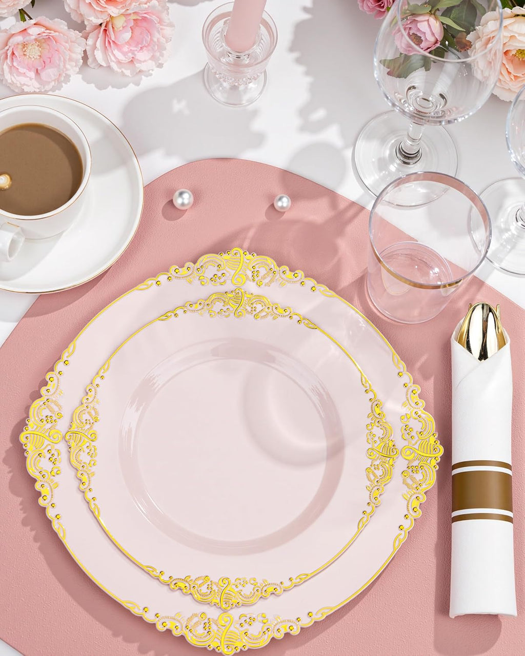 Nervure 700PCS Pink Gold Plastic Plates - Pink Plastic Dinnerware Sets for 100 Guests - 200 Disposable Plates, 300 Silverware, 100 Cups, 100 Napkins for Wedding, Party