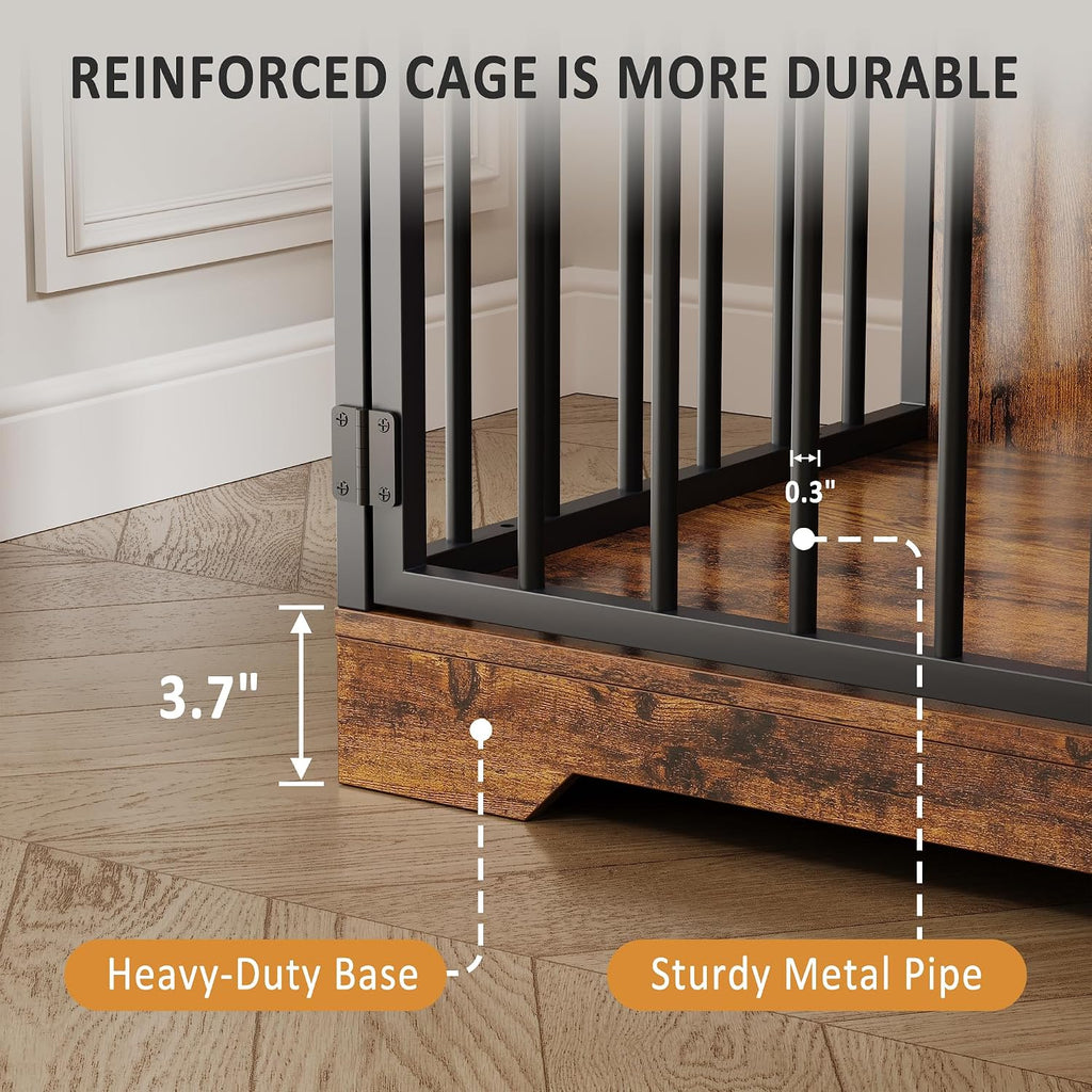 GarveeLife 48'' Dog Crate Furniture, Farmhouse Heavy Duty Dog Kennel with Bowl & Storage Drawers, Medium Dog Cage End Table for Small Medium Dogs, Retro Brown