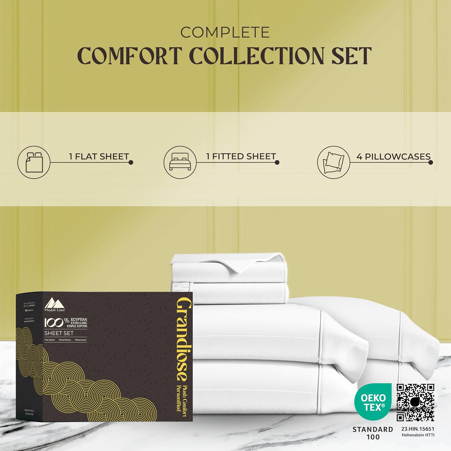 Mayfair Linen 100% Pure Egyptian Cotton Sheet King Size - Luxury 1000 Series Grandiose Collection King Size Sheets Set (6 PC, White), 16' Deep Pocket Sateen Weave Soft Cooling Hotel Bed Sheets Set