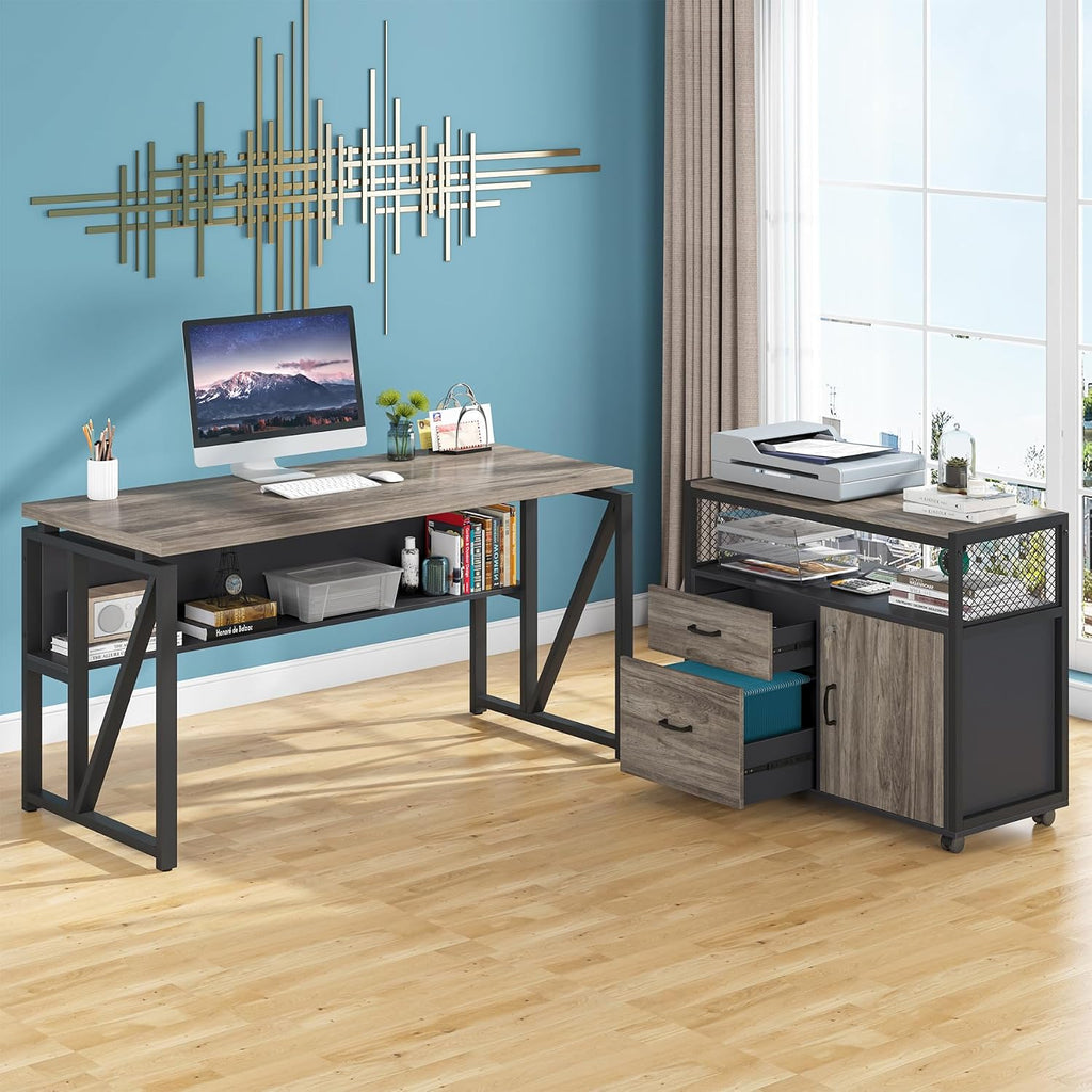 Tribesigns Grey Executive Desk with Cabinet, 55' L Shaped Computer Desk and lateral File Cabinet with Locks, 2 Piece Home Office Furniture Set for Hanging