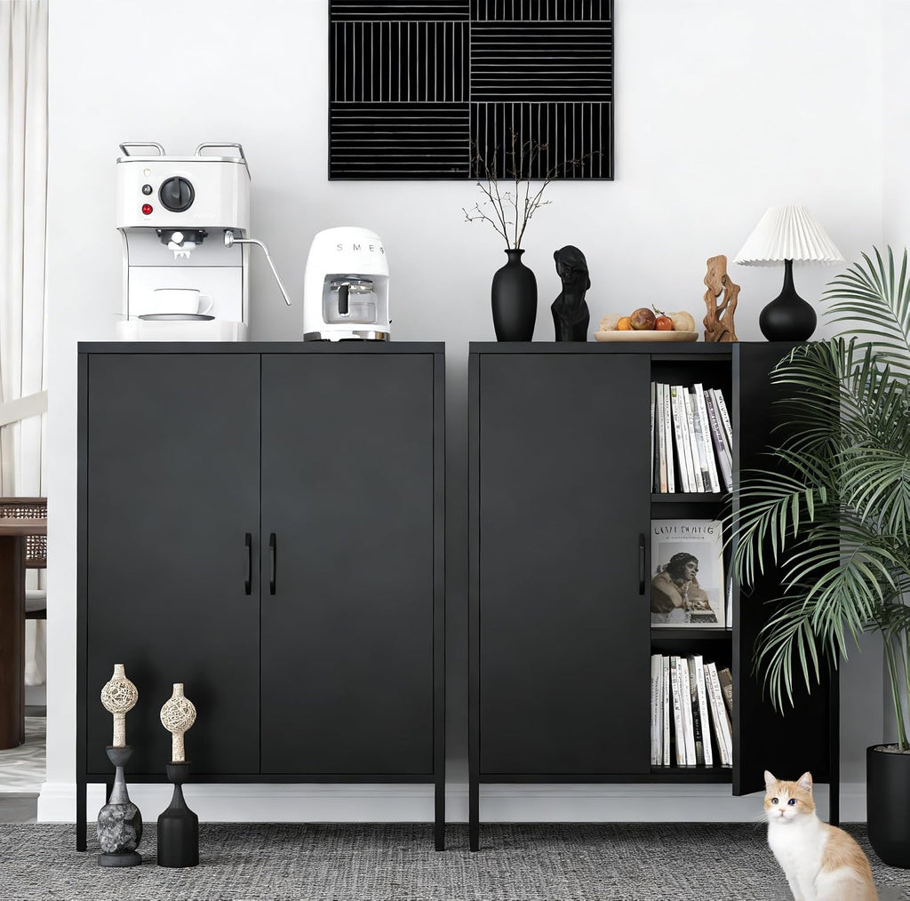 Metal Locker Cabinet, Black Storage Cabinets with 2 Doors and Adjustable Shelves, 3 Tier Modern Storage Freestanding Sideboard for Living Room,School,Office Home Kitchen and Coffee Bar
