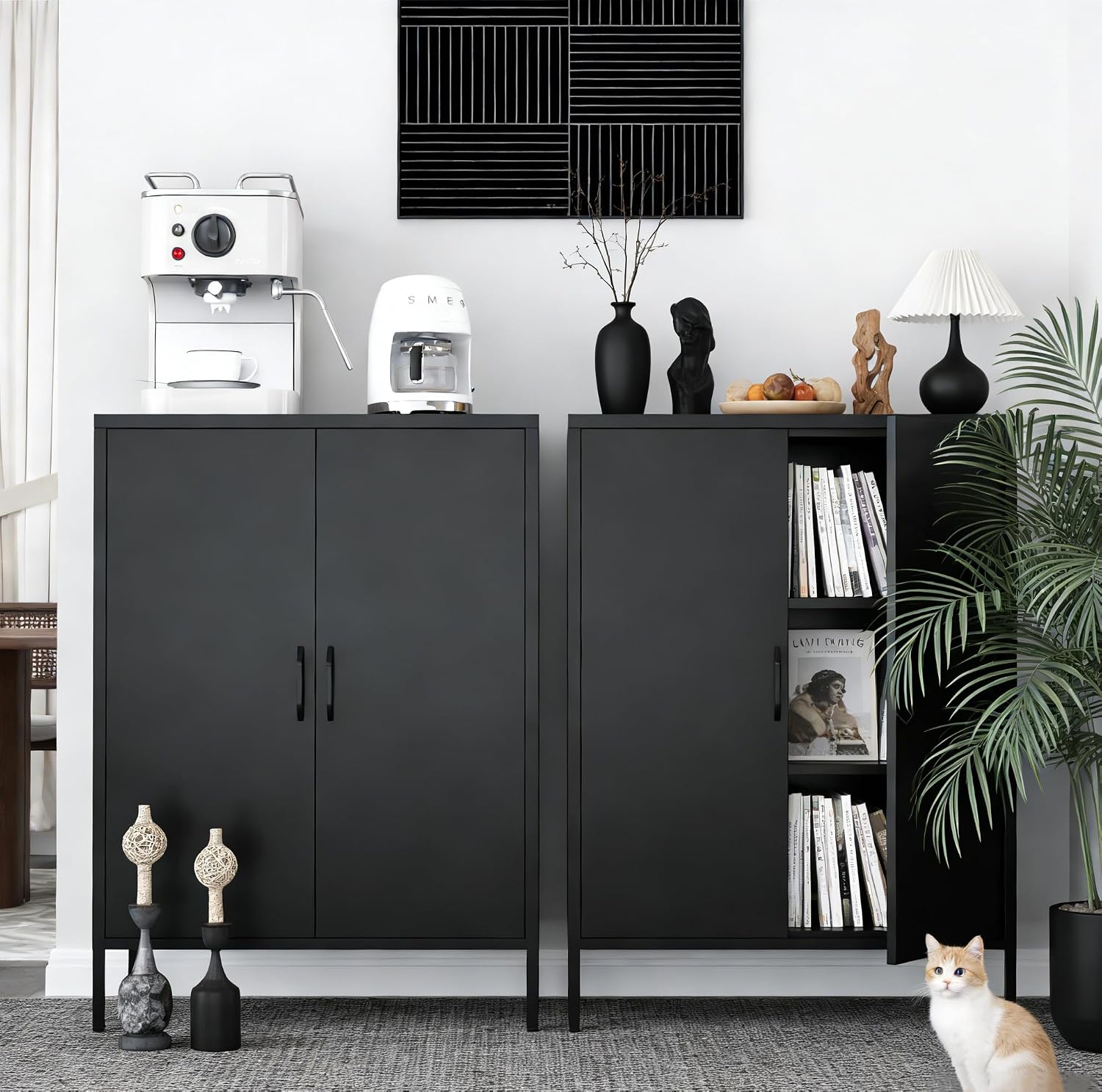 Metal Locker Cabinet, Black Storage Cabinets with 2 Doors and Adjustable Shelves, 3 Tier Modern Storage Freestanding Sideboard for Living Room,School,Office Home Kitchen and Coffee Bar