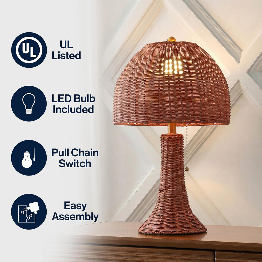 JONATHAN Y 22' Dark Brown Woven Rattan Mushroom Table Lamp Bohemian Coastal Bedside Lamp for Living Room Bedroom with Rattan Dome Shade LED Bulb Included JYL4011C