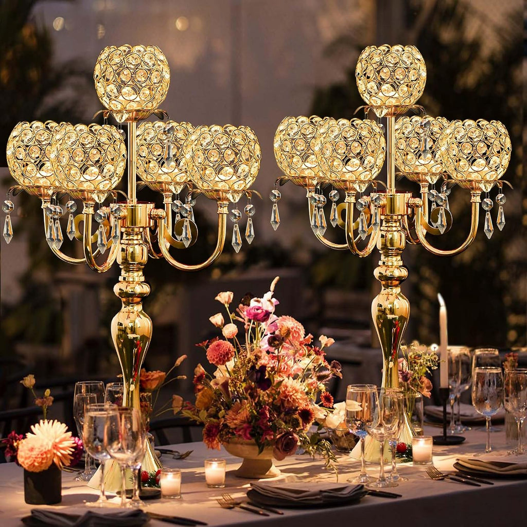 4Pcs 22 Inch Tall 5-Arm Gold Elegant Crystal Candelabra – Fancy Looking Candle Holder, Perfect for Your Table Centerpiece, Wedding & Christmas Dinner Party Events, Home Decor