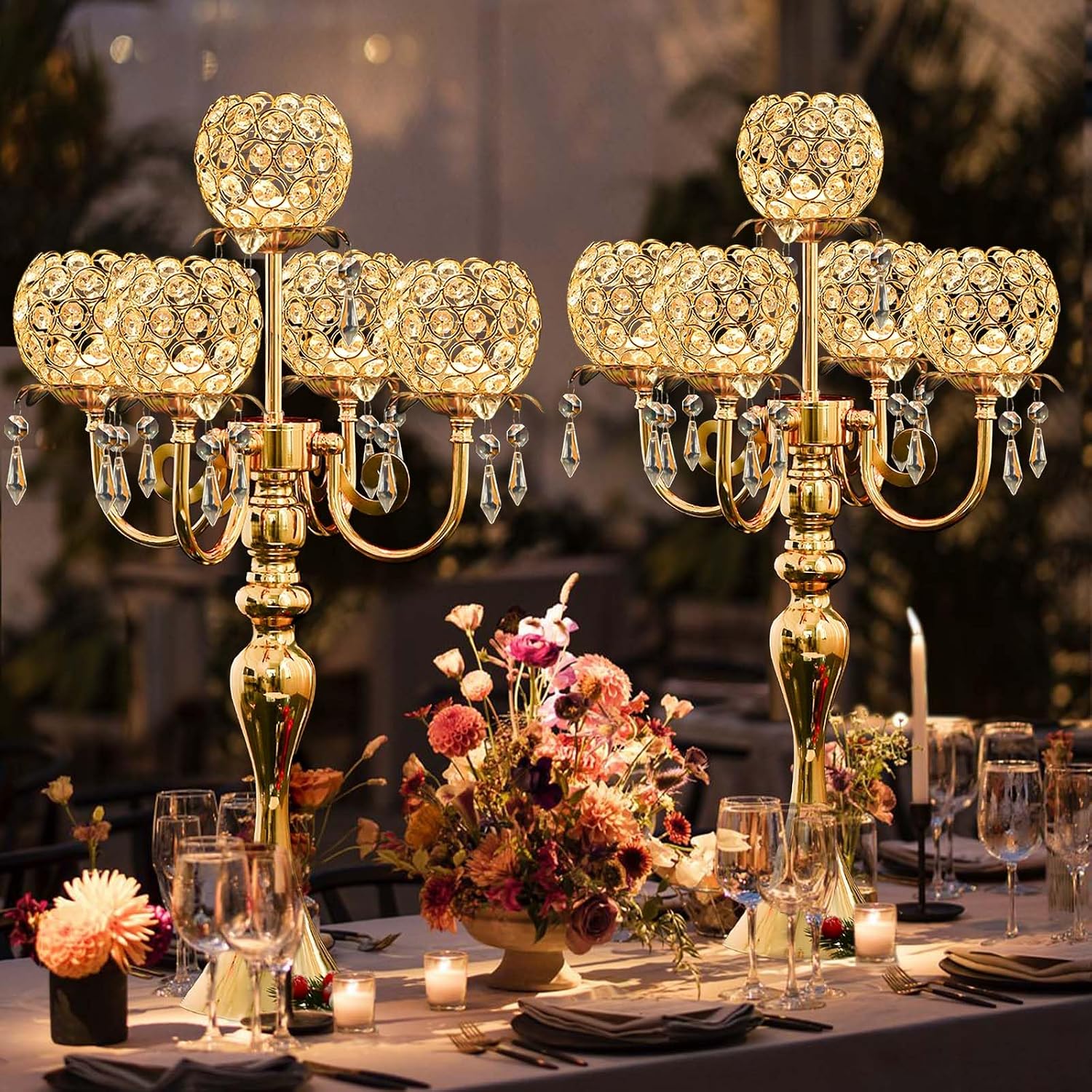 4Pcs 22 Inch Tall 5-Arm Gold Elegant Crystal Candelabra – Fancy Looking Candle Holder, Perfect for Your Table Centerpiece, Wedding & Christmas Dinner Party Events, Home Decor