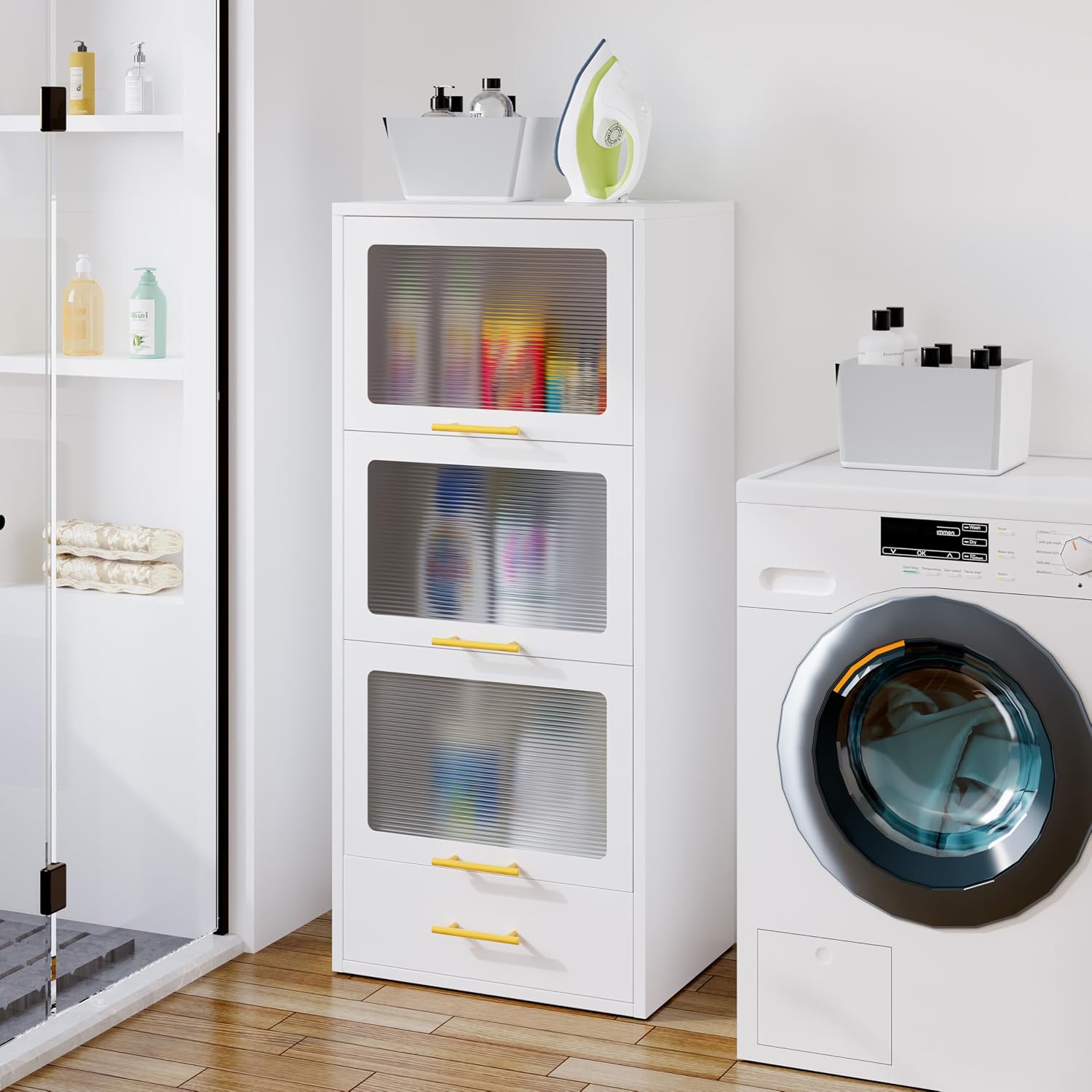 erosoei Metal Tall Narrow Bathroom Storage Cabinet，Slim Bathroom Storage Cabinet with Flip-up Acrylic Doors and Drawers，Pantry Cabinets for Kitchen, Bedroom, Living Room, Laundry Room