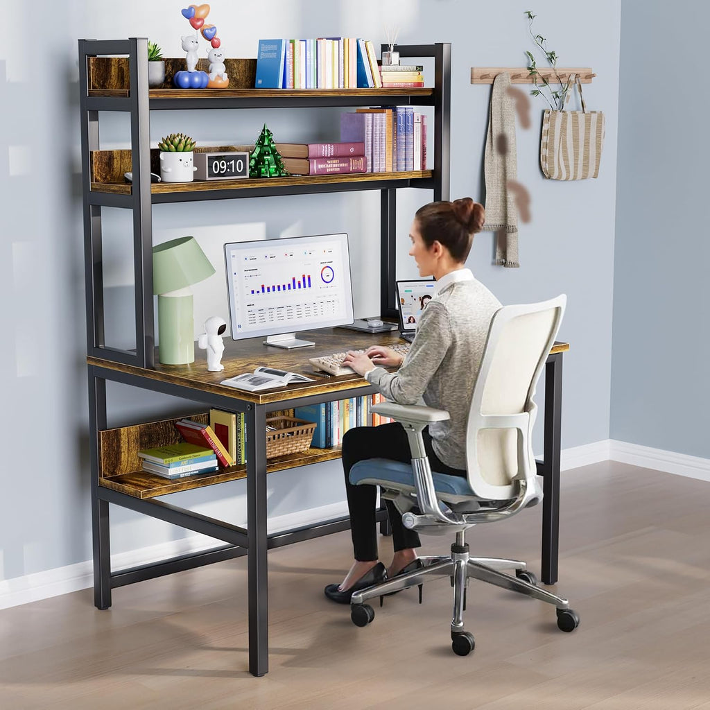 Aquzee Computer Desk with Hutch, 47'W x 23.6' D Desk with Shelves, Tall Home Office Desk with Bookshelf, Metal Legs Study Table with Upper Storage Shelf for Study Writing/Workstation